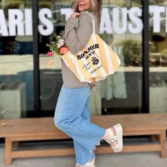 Sezane Bonjour Austin On The Road Striped Canvas Tote Bag in Yellow and Cream - Picture 4 of 7